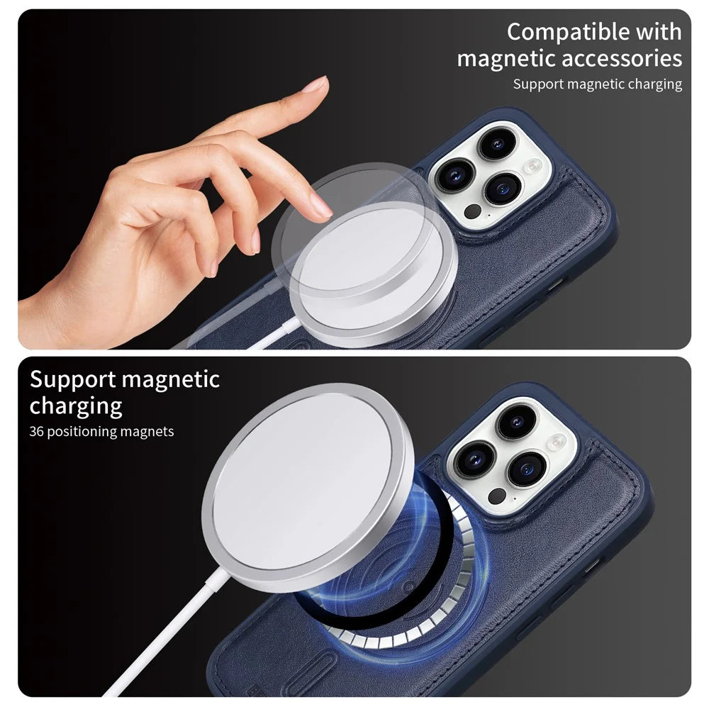 BETOPNICE For iPhone 14 Pro Magnetic Case  Leather Phone Cover Kickstand with Detachable Card Bag - Blue - 4