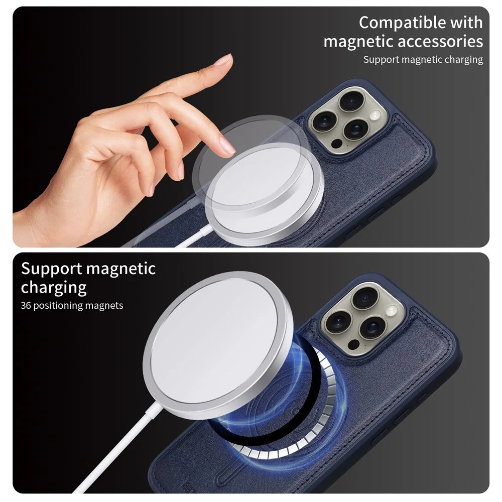 BETOPNICE For iPhone 15 Pro Max Magnetic Case  Leather Phone Cover Kickstand with Detachable Card Bag - Blue - 4