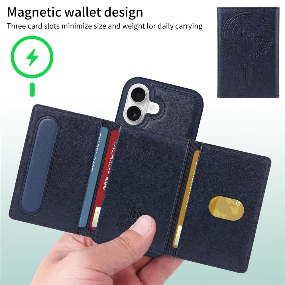 BETOPNICE For iPhone 16 Magnetic Case  Leather Phone Cover Kickstand with Detachable Card Bag - Blue - 3