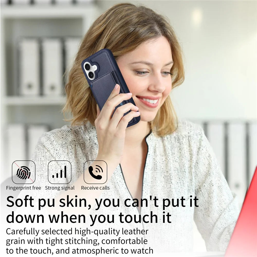 BETOPNICE For iPhone 16 Magnetic Case  Leather Phone Cover Kickstand with Detachable Card Bag - Blue - 7