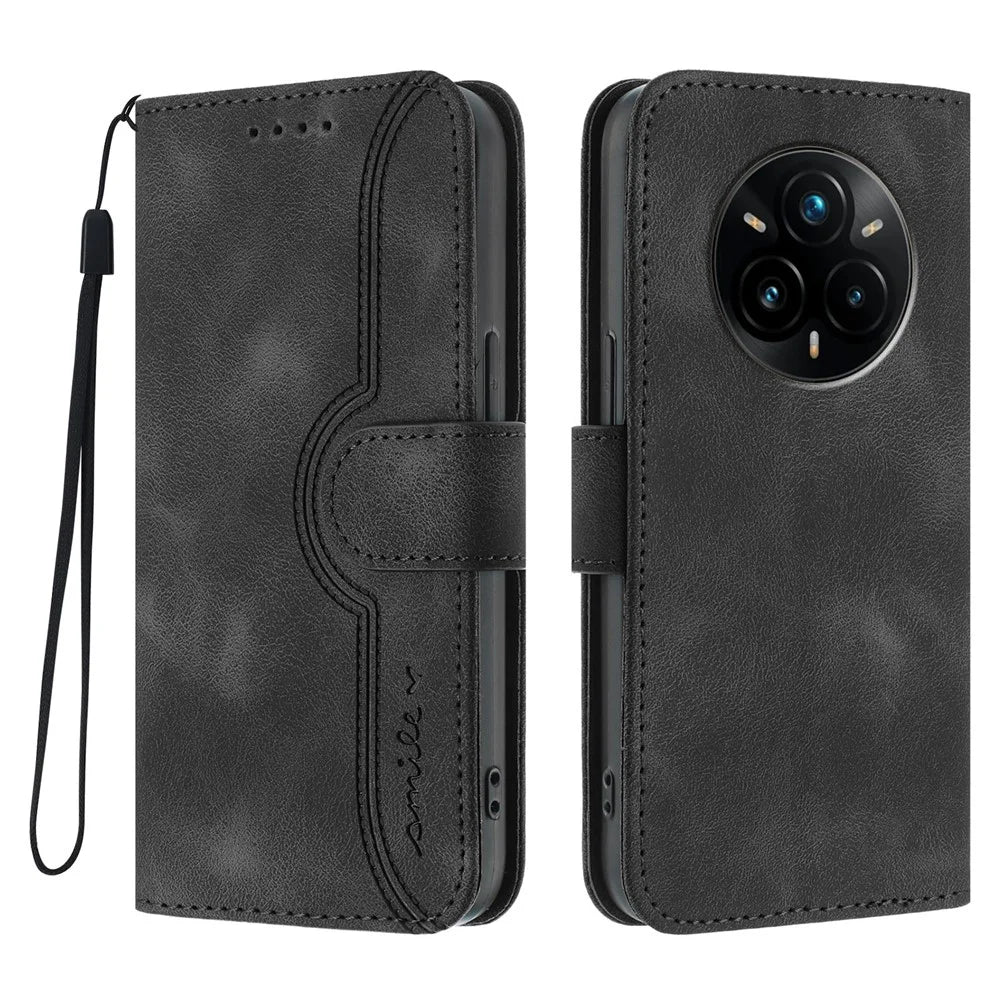 For Realme 14 Pro+ 5G Leather Case Wallet Stand Smile Imprinted Phone Cover with Strap - Black - 1