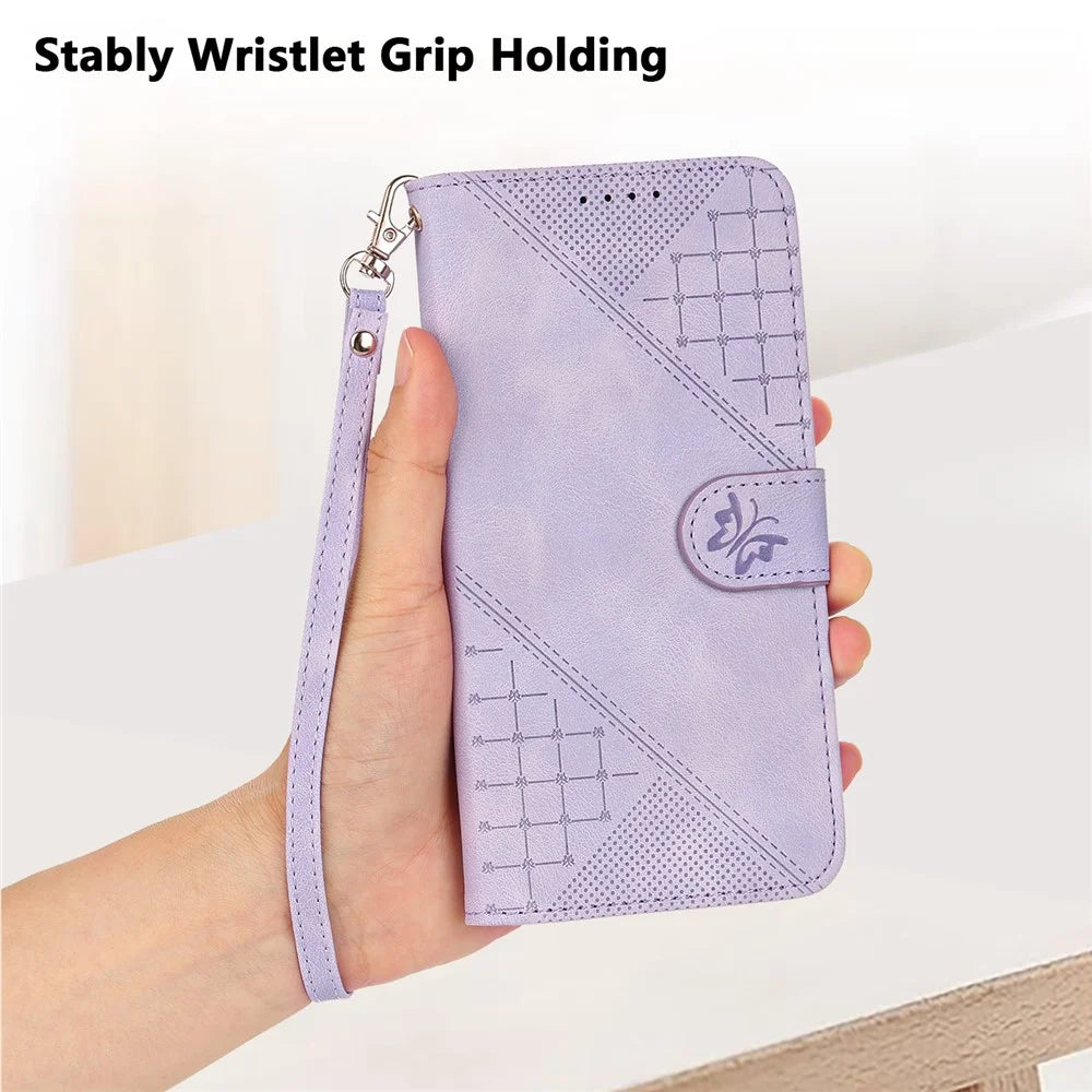 For Realme P3 5G / Realme Neo7x 5G / Realme 14 5G Leather Wallet Case Butterfly Flower Imprinted Phone Cover with Strap - Purple - 7
