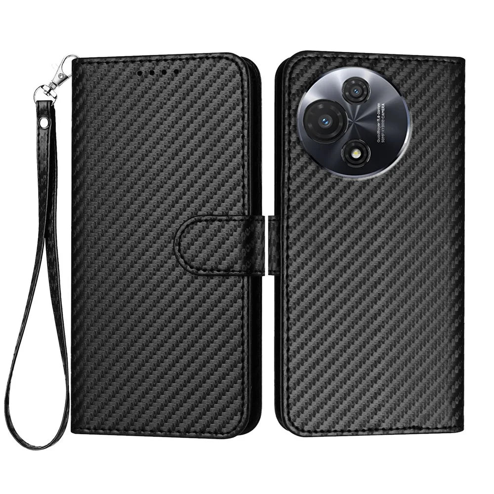 For TCL 60R 5G Wallet Case with Strap Carbon Fiber Texture Leather Mobile Cover - Black - 1