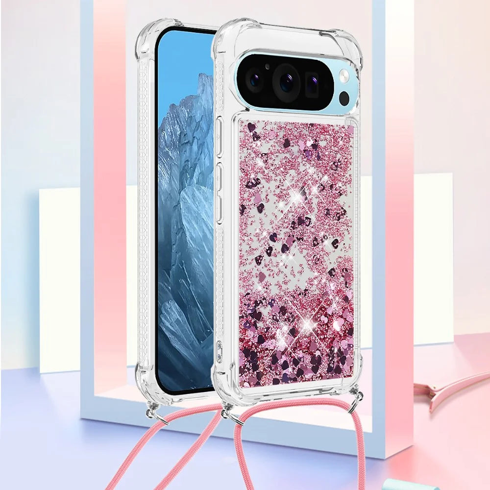 For Google Pixel 10 Pro / Google Pixel 10 TPU Case Quicksand Phone Cover with Lanyard - Rose Gold / Hearts - 2