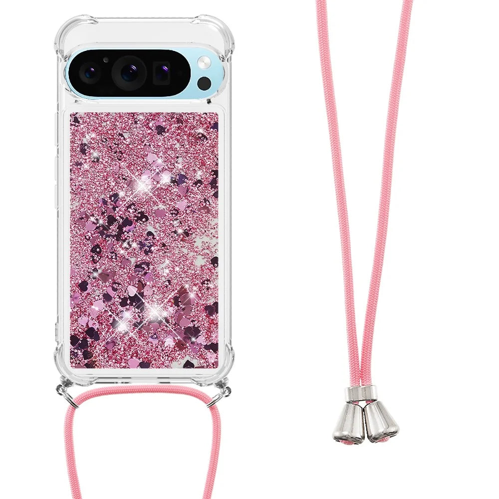 For Google Pixel 10 Pro / Google Pixel 10 TPU Case Quicksand Phone Cover with Lanyard - Rose Gold / Hearts - 3