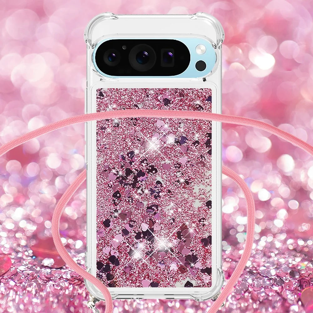 For Google Pixel 10 Pro / Google Pixel 10 TPU Case Quicksand Phone Cover with Lanyard - Rose Gold / Hearts - 4