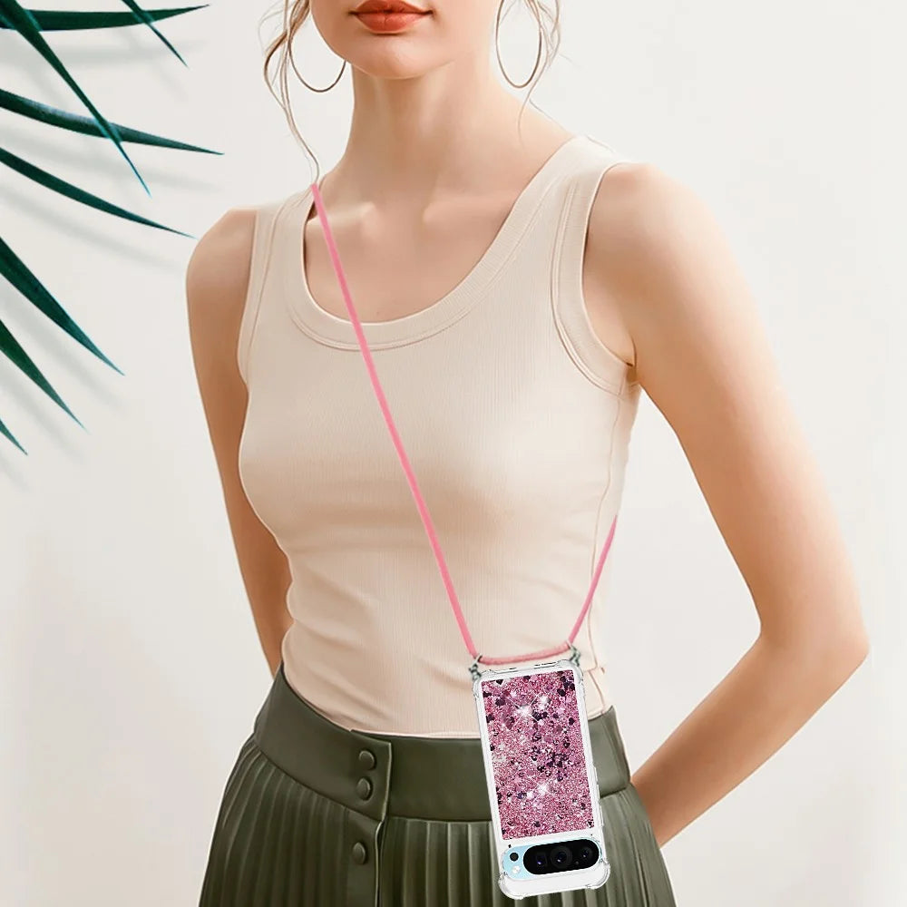 For Google Pixel 10 Pro / Google Pixel 10 TPU Case Quicksand Phone Cover with Lanyard - Rose Gold / Hearts - 6