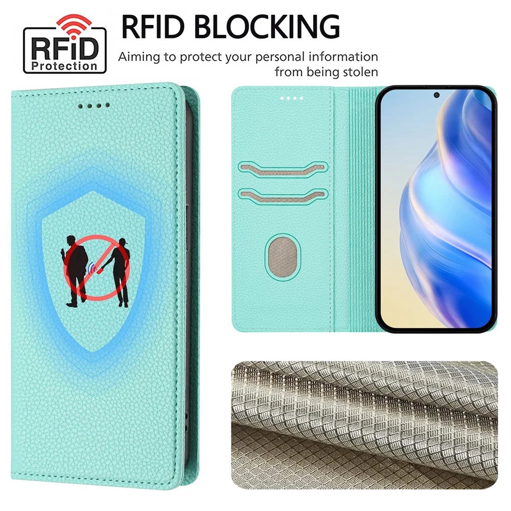 For Realme GT7 Pro Racing 5G Wallet Case RFID Blocking Litchi Texture Leather Mobile Cover - Mint Green - 7