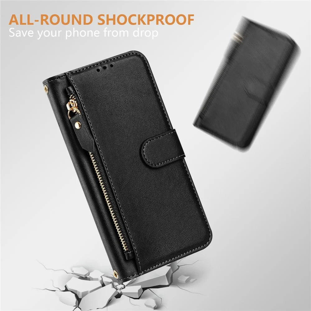 For Realme Narzo 80 Pro 5G Case Zipper Pocket Multiple Card Slots Leather Phone Cover - Black - 7