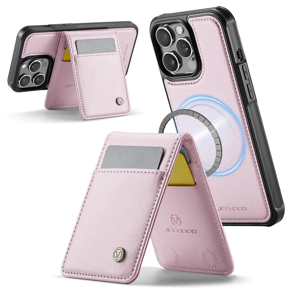 JEEHOOD For iPhone 13 Pro Max 6.7 inch Leather Back Cover Compatible with MagSafe  J06 Phone Case with Card Bag RFID Blocking - Pink - 2