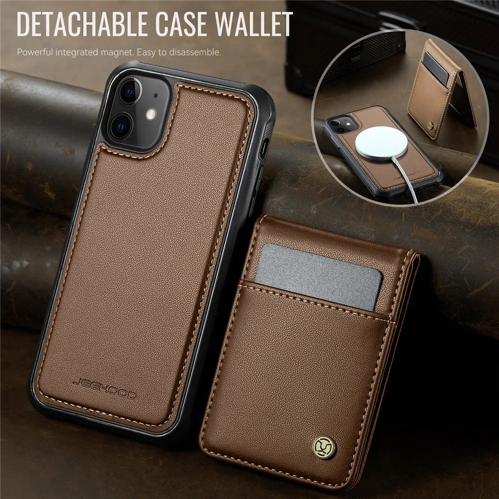 JEEHOOD For iPhone 12 Pro 6.1 inch / iPhone 12 6.1 inch Leather Back Cover Compatible with MagSafe  J06 Phone Case with Card Bag RFID Blocking - Brown - 6