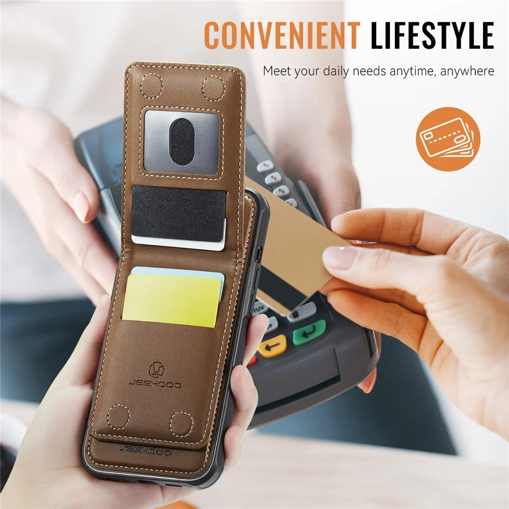 JEEHOOD For iPhone 12 Pro 6.1 inch / iPhone 12 6.1 inch Leather Back Cover Compatible with MagSafe  J06 Phone Case with Card Bag RFID Blocking - Brown - 7