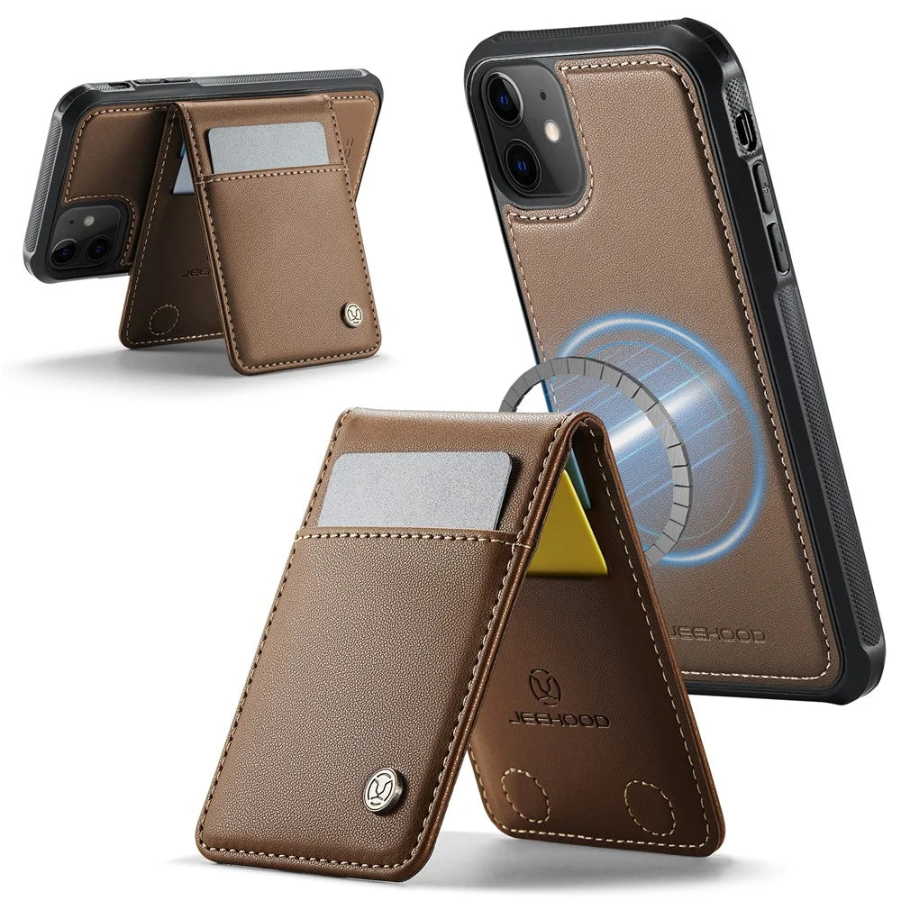 JEEHOOD For iPhone 11 Leather Back Cover Compatible with MagSafe  J06 Phone Case with Card Bag RFID Blocking - Brown - 2