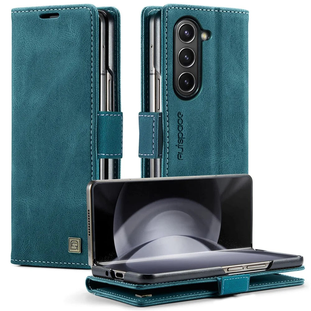 AUTSPACE For Samsung Galaxy Z Fold6 5G Wallet Case  A01 Leather Stand Cover with RFID Blocking Card Holder - Blue - 1