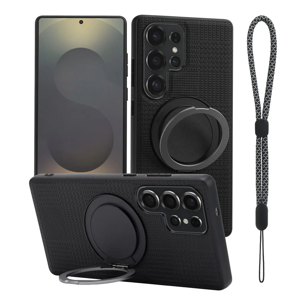 VILI D-THS Series for Samsung Galaxy S23 Ultra Magnetic Case Ring Kickstand PC TPU Phone Back Cover with Strap - Black - 1