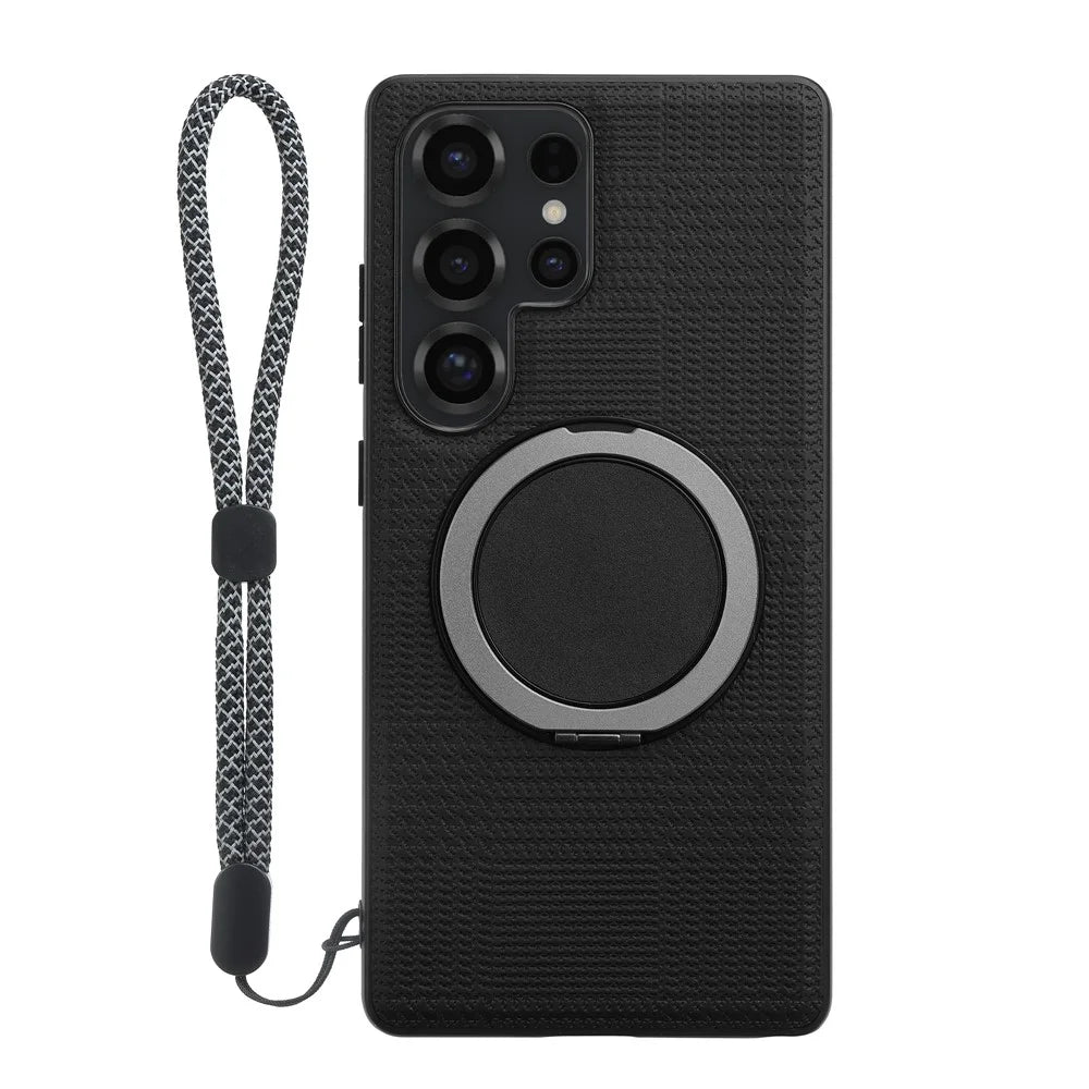 VILI D-THS Series for Samsung Galaxy S23 Ultra Magnetic Case Ring Kickstand PC TPU Phone Back Cover with Strap - Black - 2