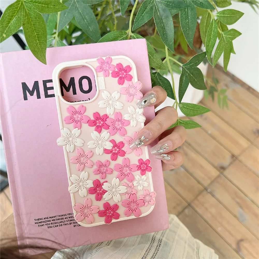 For iPhone 15 Silicone Case 3D Cherry Blossom Pattern Shockproof Phone Cover - 6