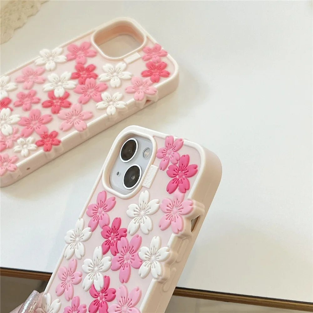 For iPhone 15 Silicone Case 3D Cherry Blossom Pattern Shockproof Phone Cover - 7
