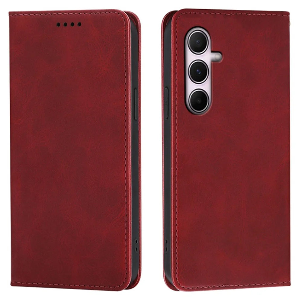For Samsung Galaxy A55 5G Case Wallet Calf Texture Leather Phone Cover with Hidden Magnetic Closure - Red - 1