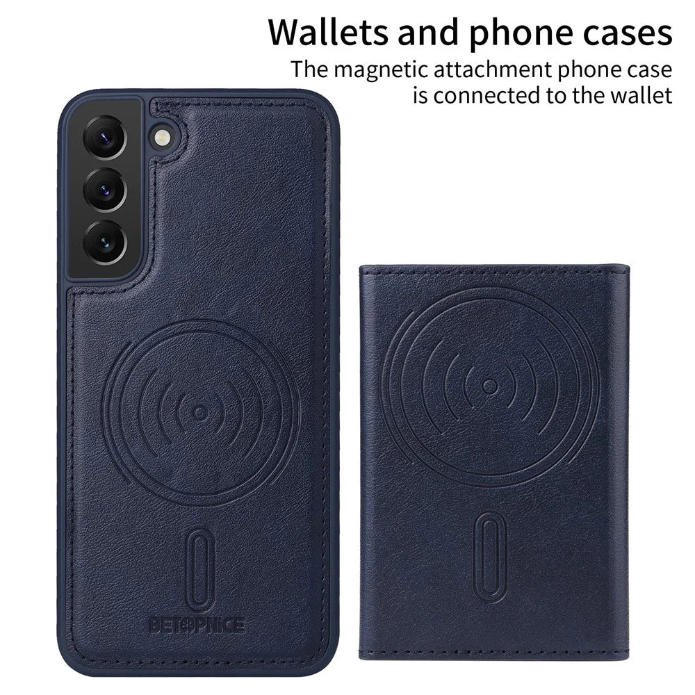 BETOPNICE For Samsung Galaxy S22+ 5G Magnetic Case  Leather Phone Cover Kickstand with Detachable Card Bag - Blue - 2