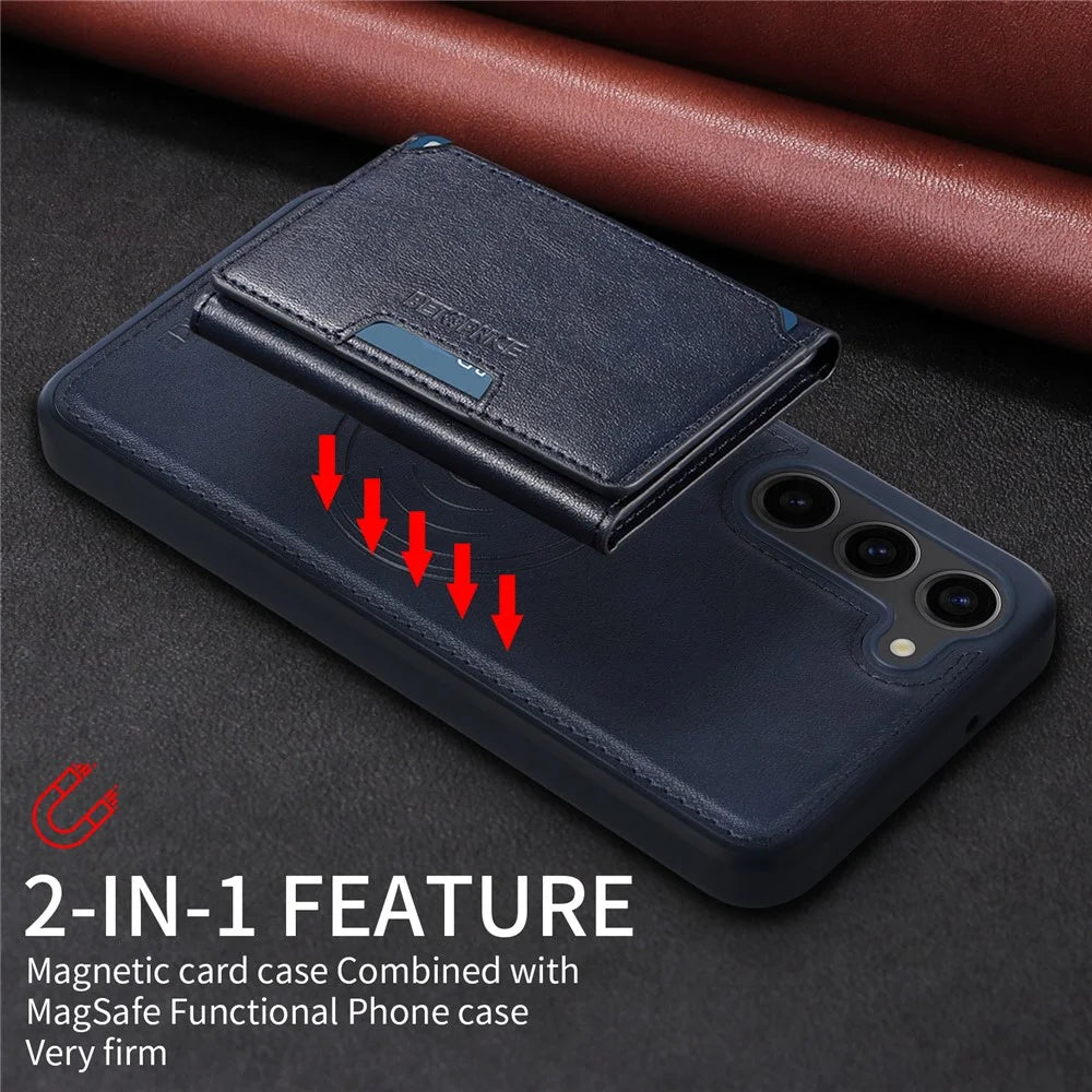 BETOPNICE For Samsung Galaxy S23+ Magnetic Case  Leather Phone Cover Kickstand with Detachable Card Bag - Blue - 3