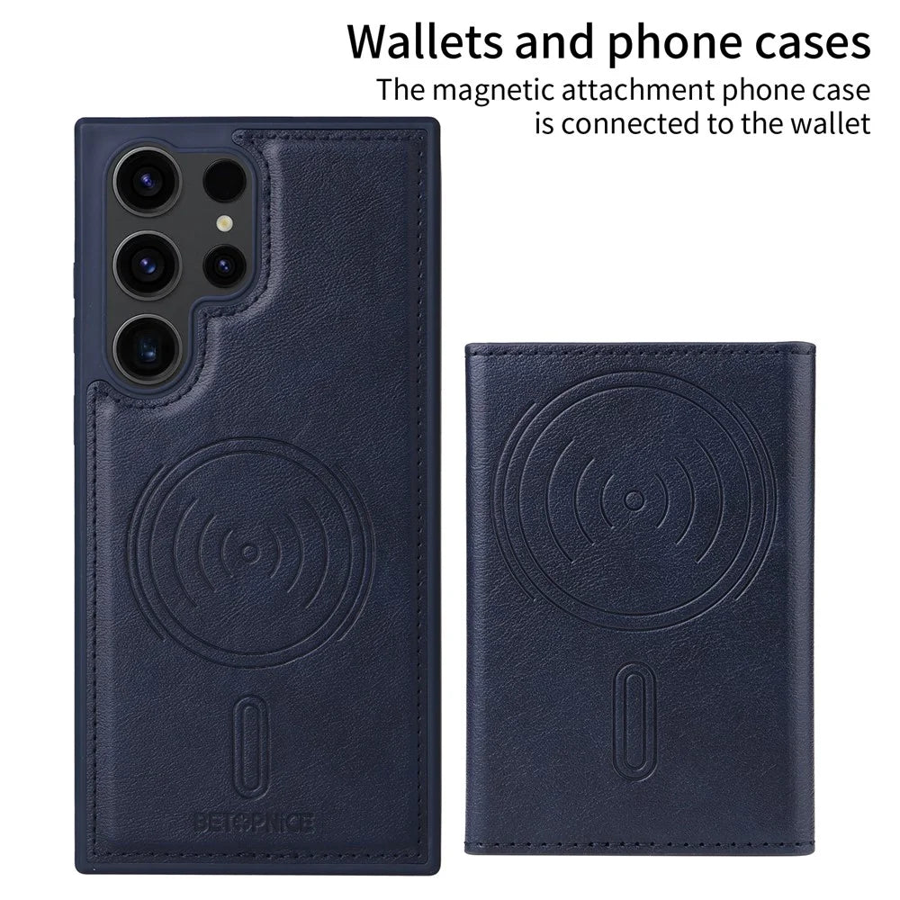 BETOPNICE For Samsung Galaxy S23 Ultra Magnetic Case  Leather Phone Cover Kickstand with Detachable Card Bag - Blue - 2