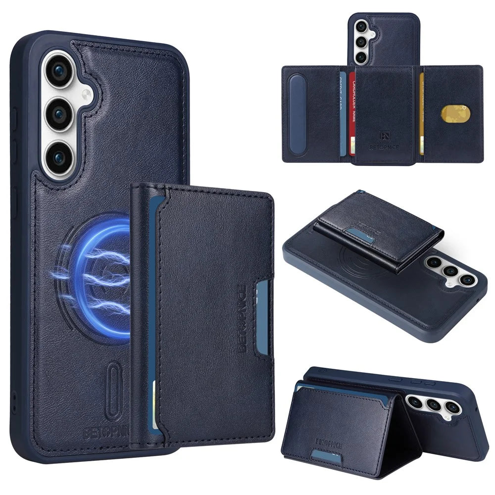BETOPNICE For Samsung Galaxy S23 FE Magnetic Case  Leather Phone Cover Kickstand with Detachable Card Bag - Blue - 1