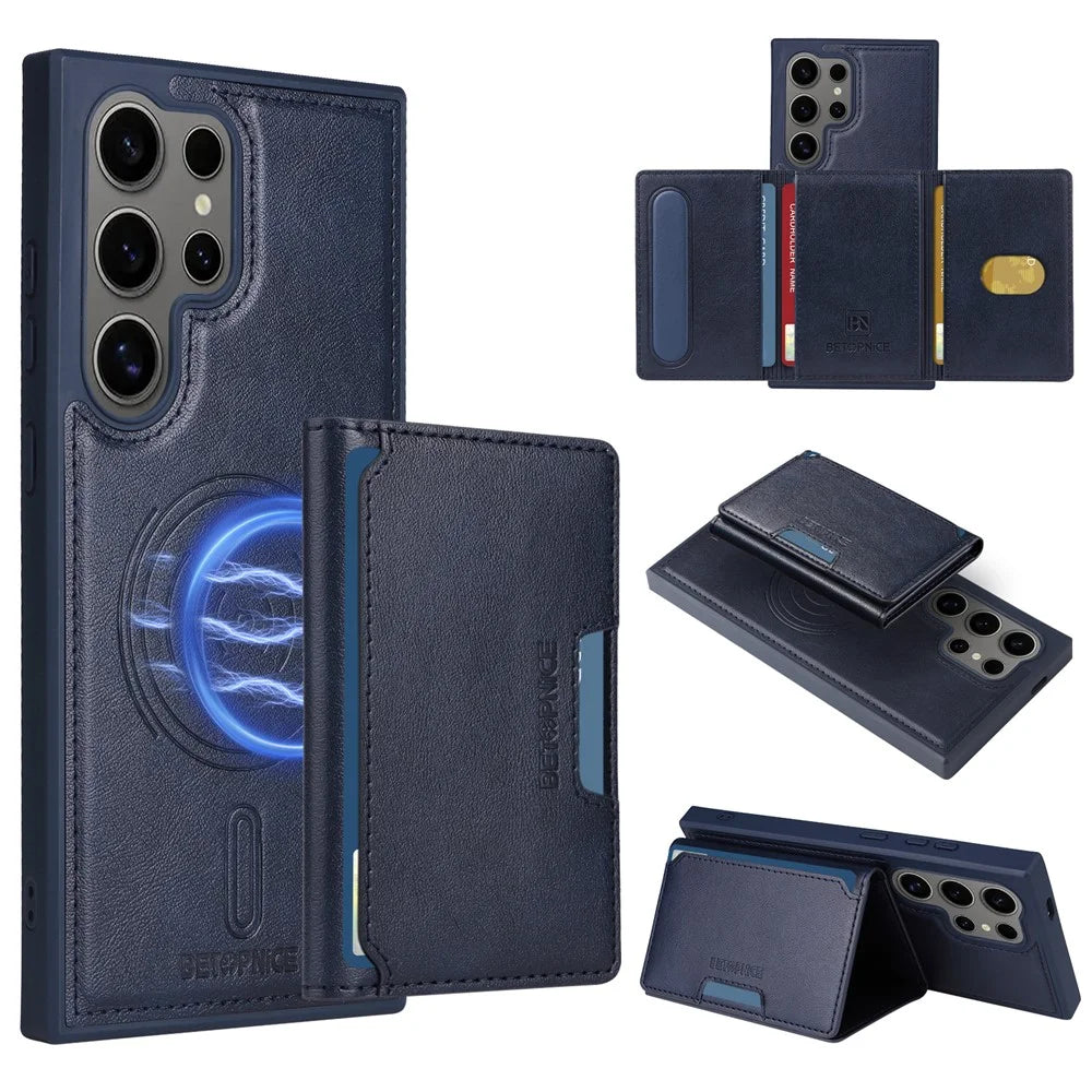 BETOPNICE For Samsung Galaxy S24 Ultra Magnetic Case  Leather Phone Cover Kickstand with Detachable Card Bag - Blue - 1