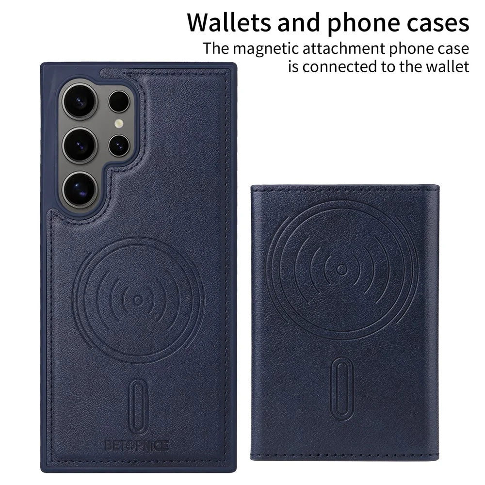 BETOPNICE For Samsung Galaxy S24 Ultra Magnetic Case  Leather Phone Cover Kickstand with Detachable Card Bag - Blue - 2