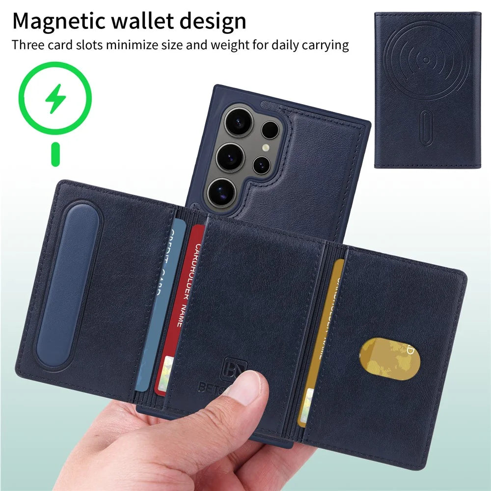 BETOPNICE For Samsung Galaxy S24 Ultra Magnetic Case  Leather Phone Cover Kickstand with Detachable Card Bag - Blue - 3