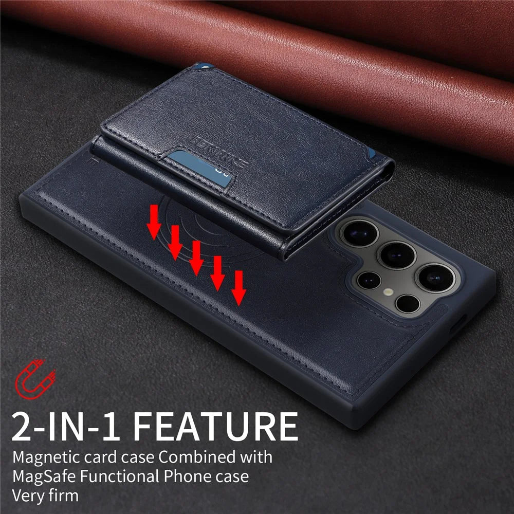 BETOPNICE For Samsung Galaxy S24 Ultra Magnetic Case  Leather Phone Cover Kickstand with Detachable Card Bag - Blue - 5