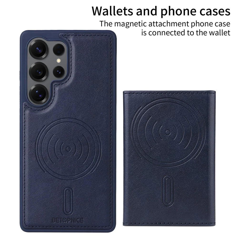 BETOPNICE For Samsung Galaxy S25 Ultra Magnetic Case  Leather Phone Cover Kickstand with Detachable Card Bag - Blue - 2