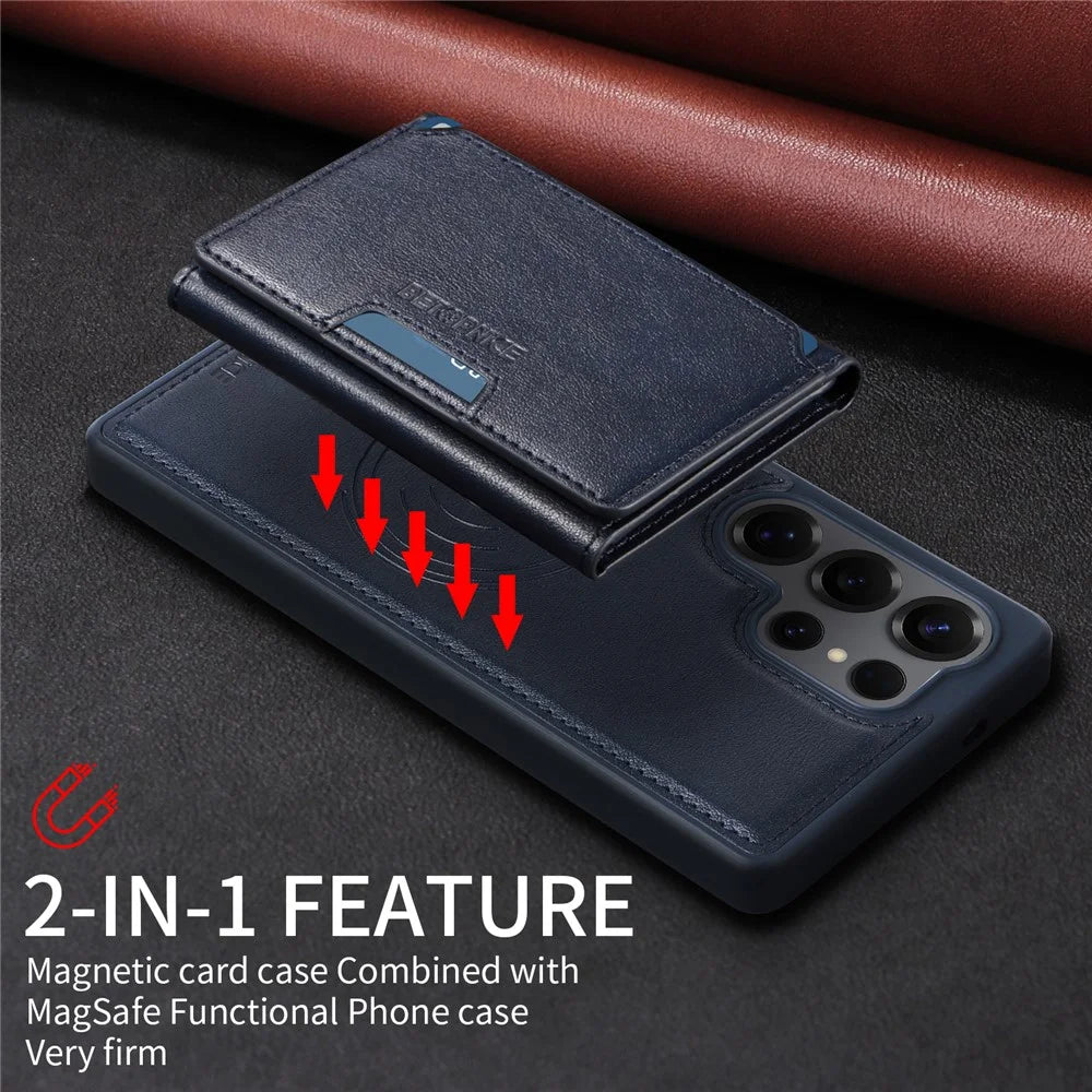 BETOPNICE For Samsung Galaxy S25 Ultra Magnetic Case  Leather Phone Cover Kickstand with Detachable Card Bag - Blue - 5