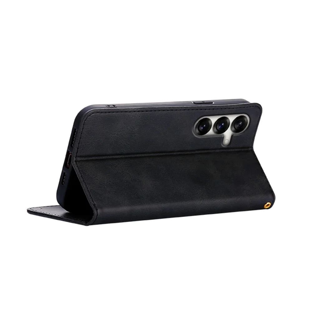 For Samsung Galaxy S24+ Case Wallet Calf Texture Leather Phone Cover with Hidden Magnetic Closure - Black - 4