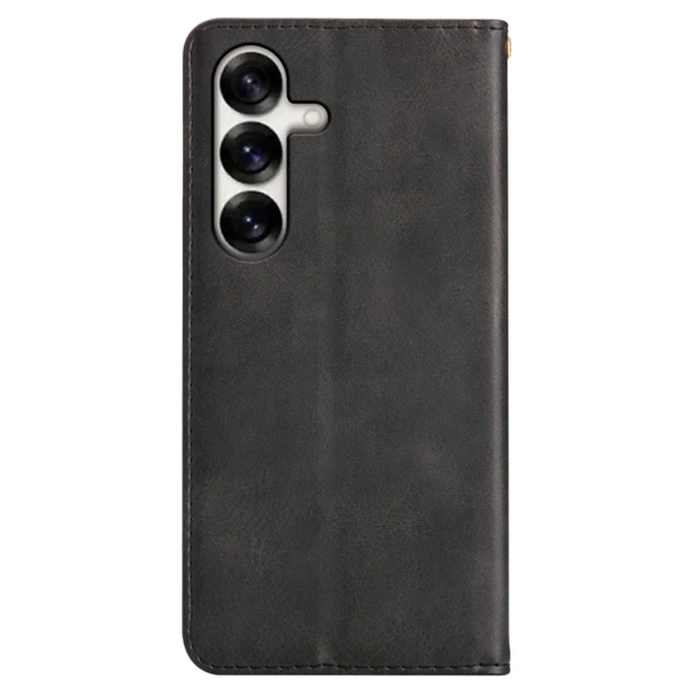 For Samsung Galaxy S24+ Case Wallet Calf Texture Leather Phone Cover with Hidden Magnetic Closure - Black - 6