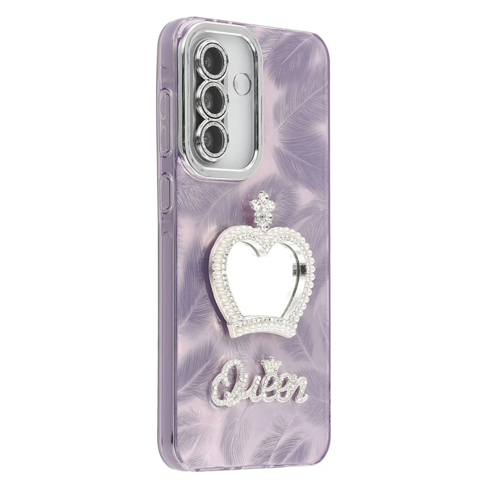 For Samsung Galaxy A56 5G Case with Mirror IMD PC + TPU Phone Cover with Glass Lens Film - Feather Pattern / Purple - 1
