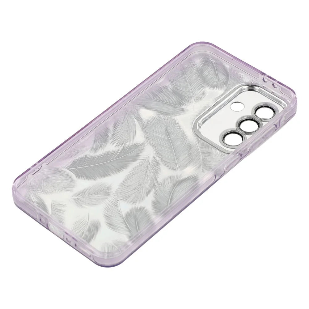 For Samsung Galaxy A56 5G Case with Mirror IMD PC + TPU Phone Cover with Glass Lens Film - Feather Pattern / Purple - 7
