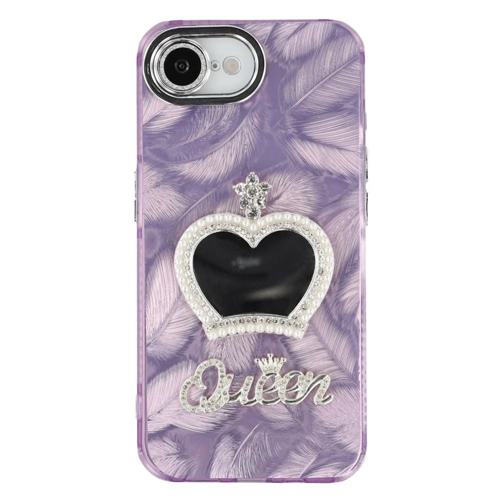 For iPhone 17e / 16e Case with Mirror IMD PC + TPU Phone Cover with Glass Lens Film - Feather Pattern / Purple - 3