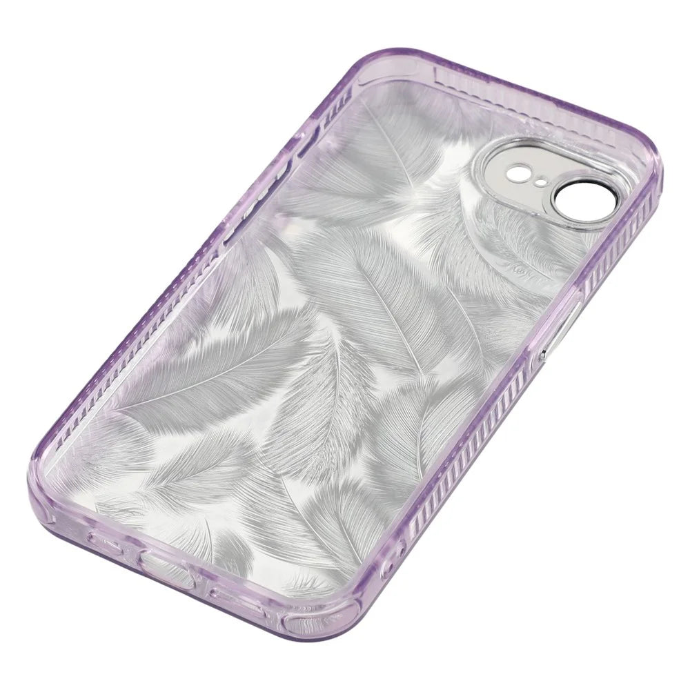 For iPhone 17e / 16e Case with Mirror IMD PC + TPU Phone Cover with Glass Lens Film - Feather Pattern / Purple - 7