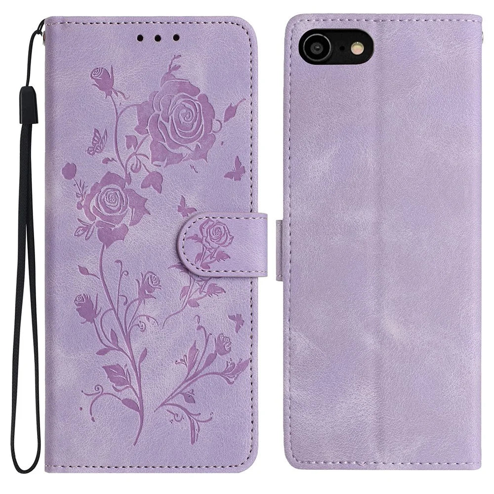 Wallet Case for iPhone SE (2022) / (2020) / 8 / 7 / 6 / 6s Rose Pattern Imprinted Leather Flip Stand Phone Cover - Light Purple - 1