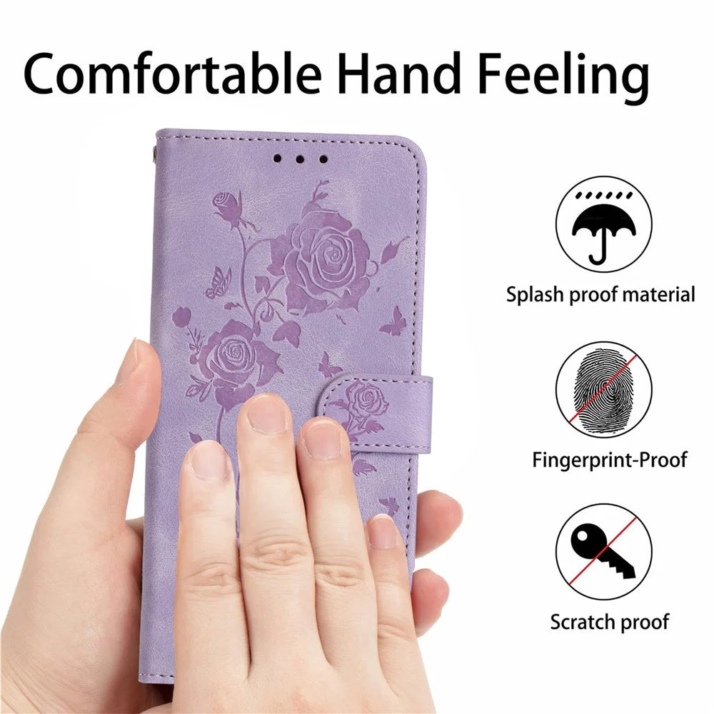 Wallet Case for iPhone SE (2022) / (2020) / 8 / 7 / 6 / 6s Rose Pattern Imprinted Leather Flip Stand Phone Cover - Light Purple - 4