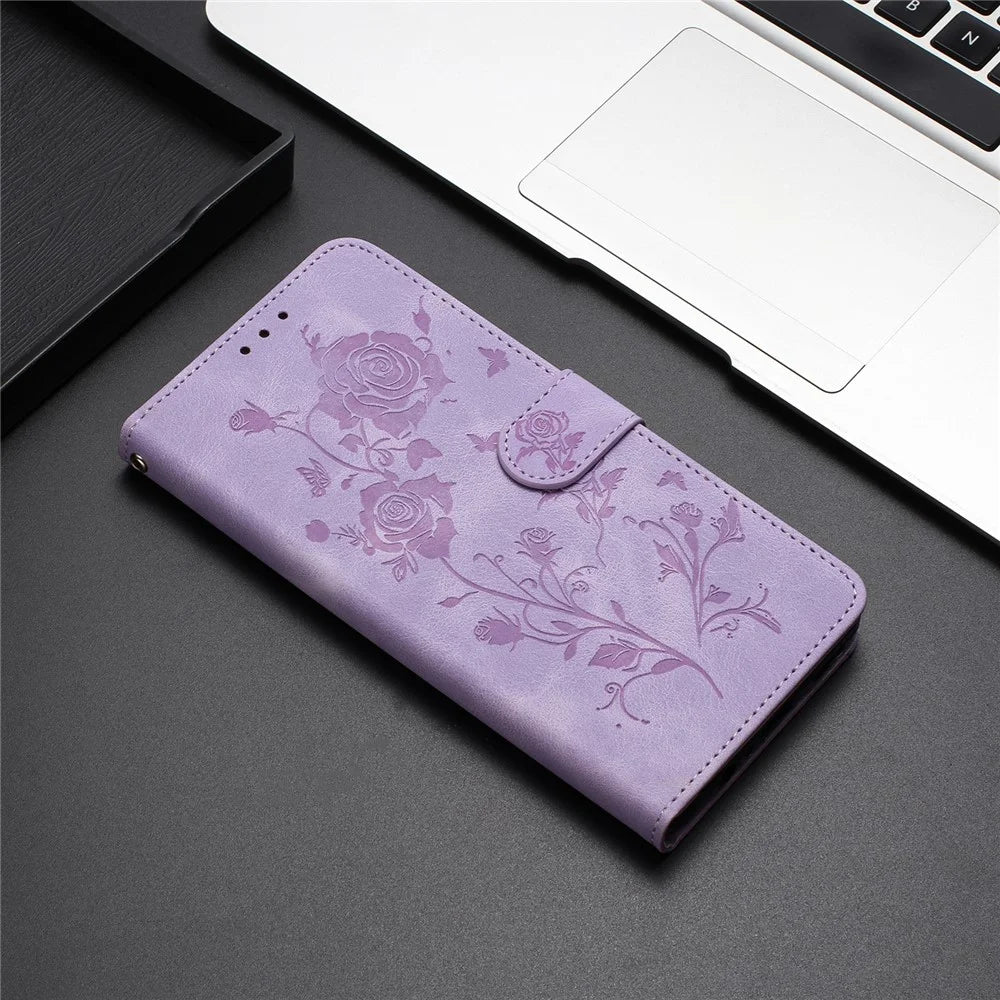 Wallet Case for iPhone SE (2022) / (2020) / 8 / 7 / 6 / 6s Rose Pattern Imprinted Leather Flip Stand Phone Cover - Light Purple - 6