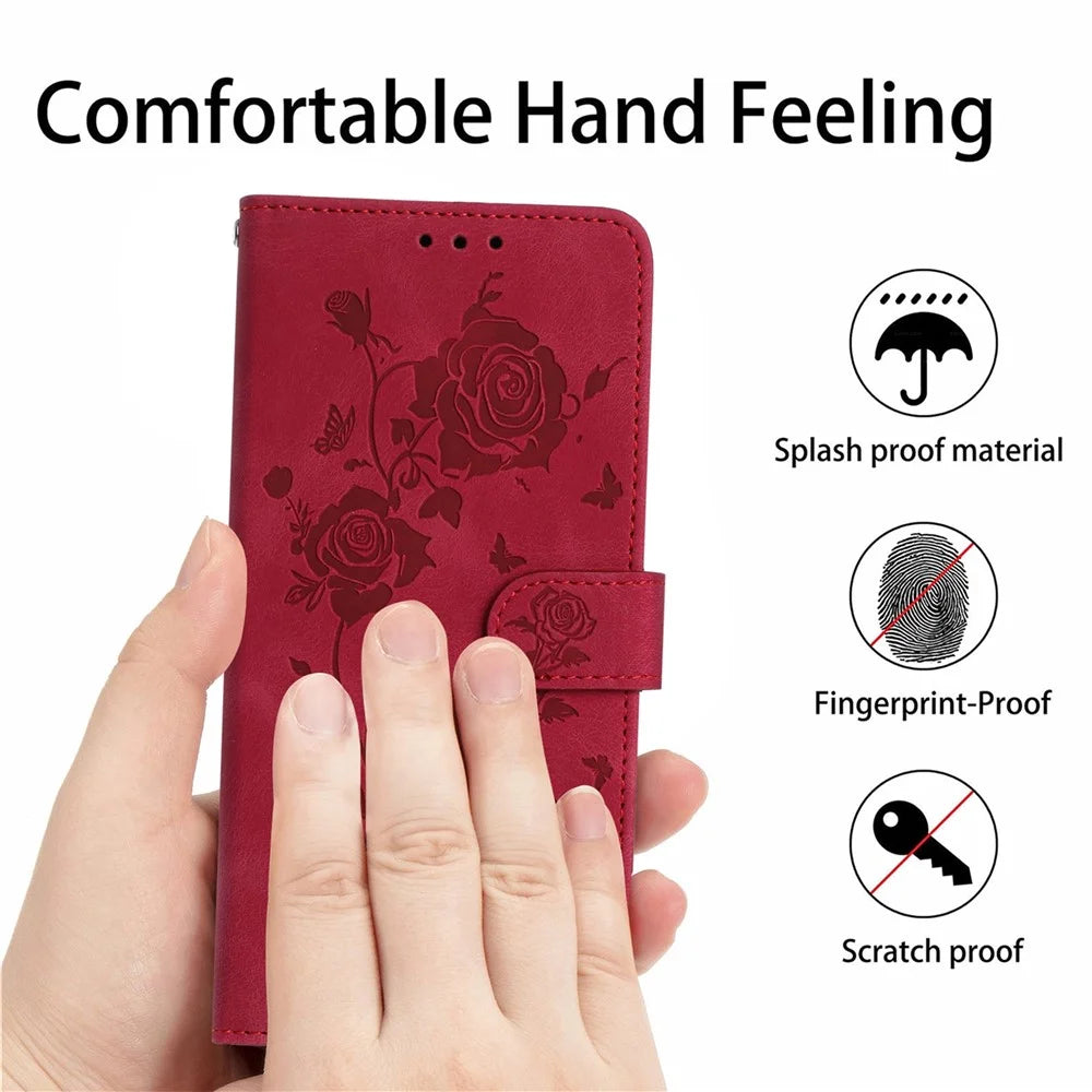 For iPhone 14 Pro Max Wallet Case Rose Pattern Imprinted Leather Flip Stand Phone Cover - Red - 4