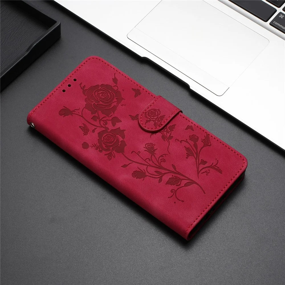 For iPhone 14 Pro Max Wallet Case Rose Pattern Imprinted Leather Flip Stand Phone Cover - Red - 6