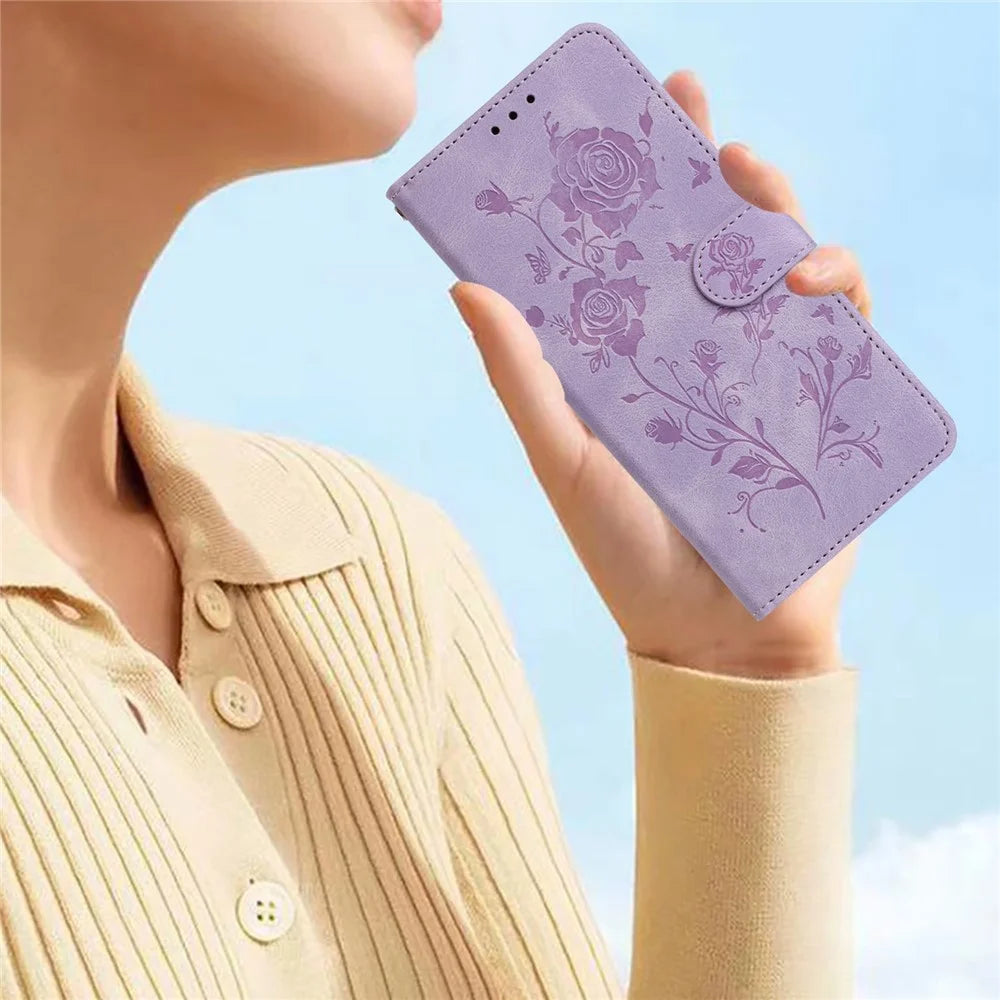 For iPhone 17e / 16e Wallet Case Rose Pattern Imprinted Leather Flip Stand Phone Cover - Light Purple - 5