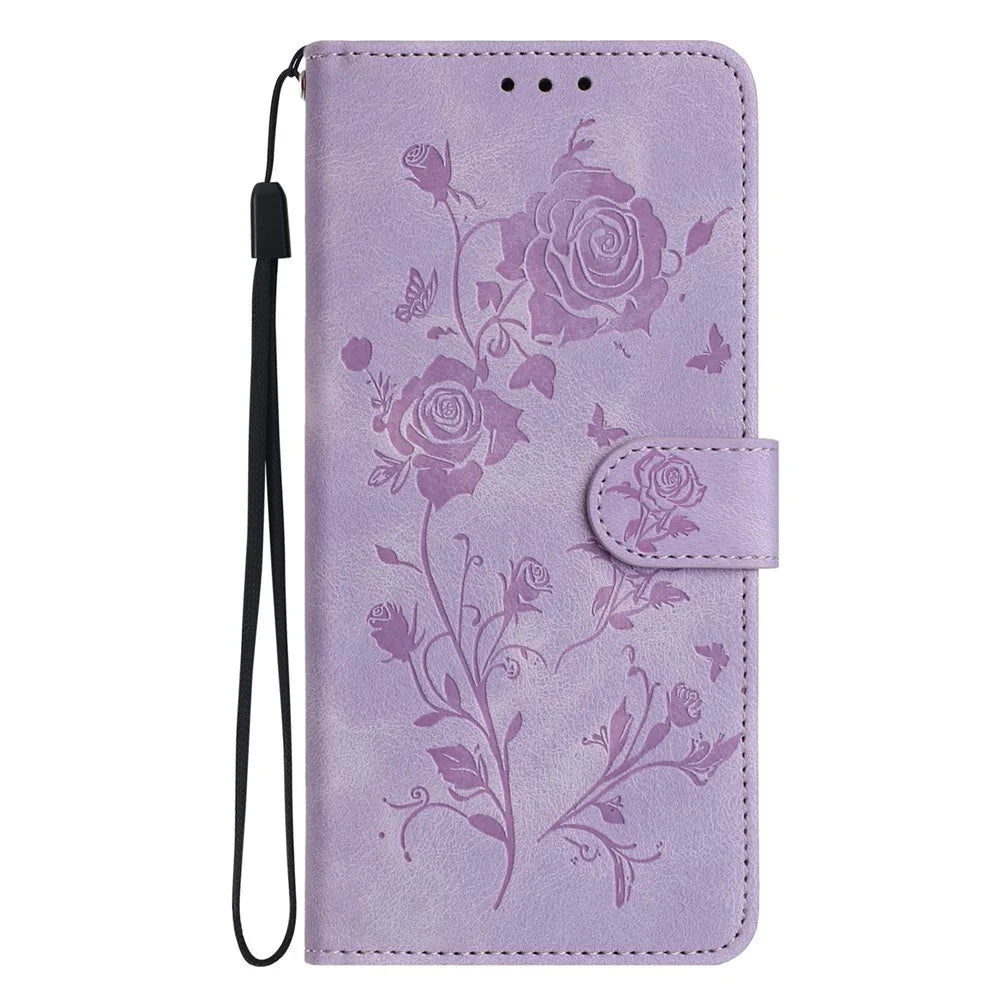 For iPhone 17e / 16e Wallet Case Rose Pattern Imprinted Leather Flip Stand Phone Cover - Light Purple - 7