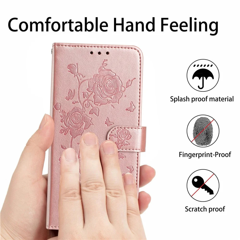 For Samsung Galaxy S24 Ultra Wallet Case Rose Pattern Imprinted Leather Flip Stand Phone Cover - Rose Gold - 4