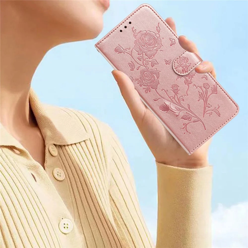 For Samsung Galaxy S24 Ultra Wallet Case Rose Pattern Imprinted Leather Flip Stand Phone Cover - Rose Gold - 5