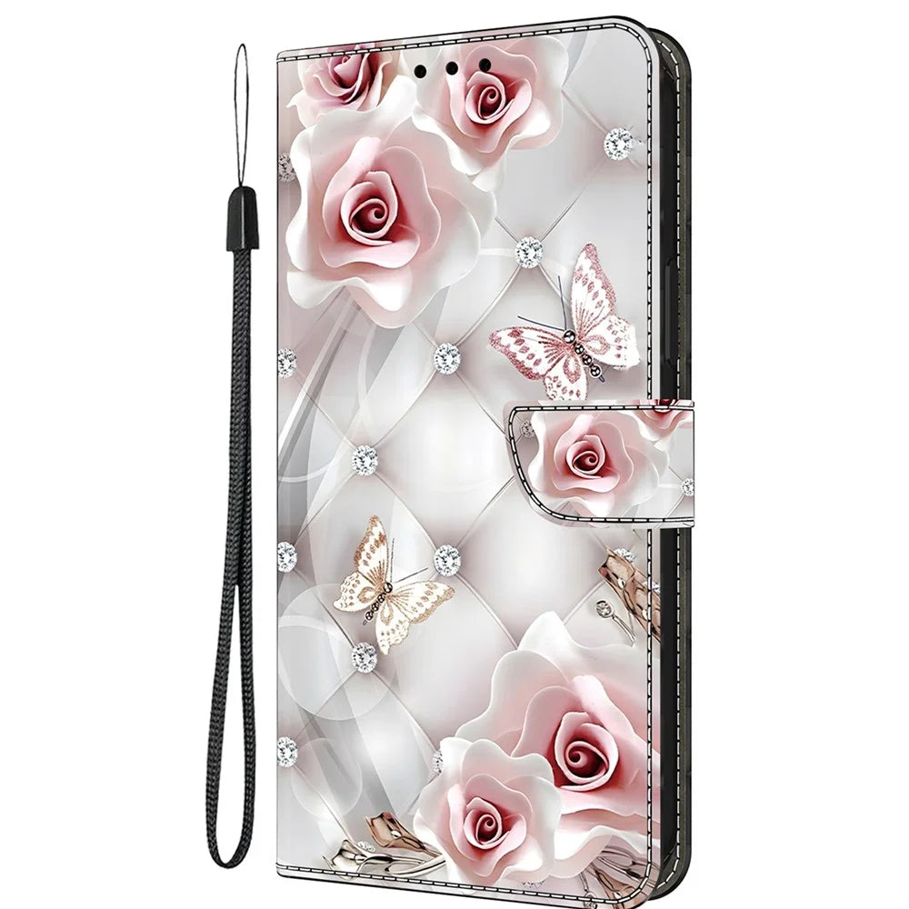 For iPhone 16 Leather Case Pattern Printing Wallet Stand Anti Drop Phone Cover - Pink Butterfly - 6