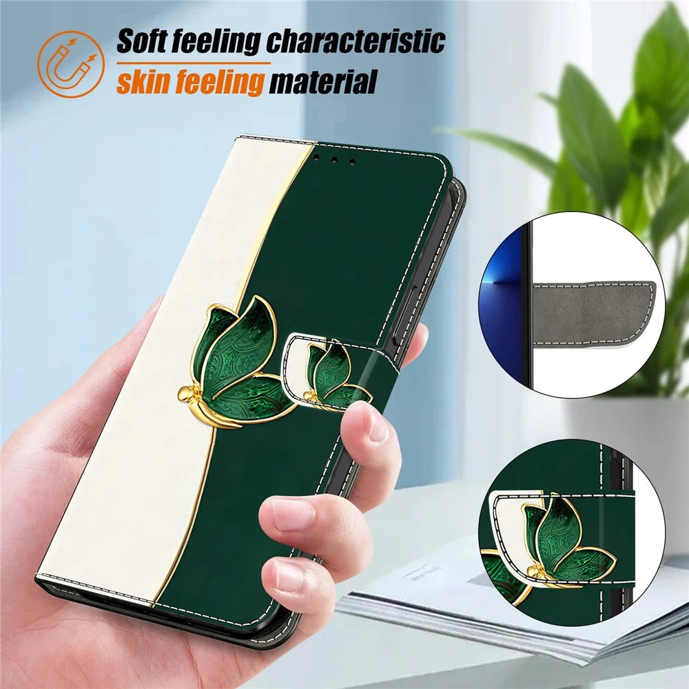 For iPhone 17e / 16e Leather Case Pattern Printing Wallet Stand Anti Drop Phone Cover - Green Butterfly - 4